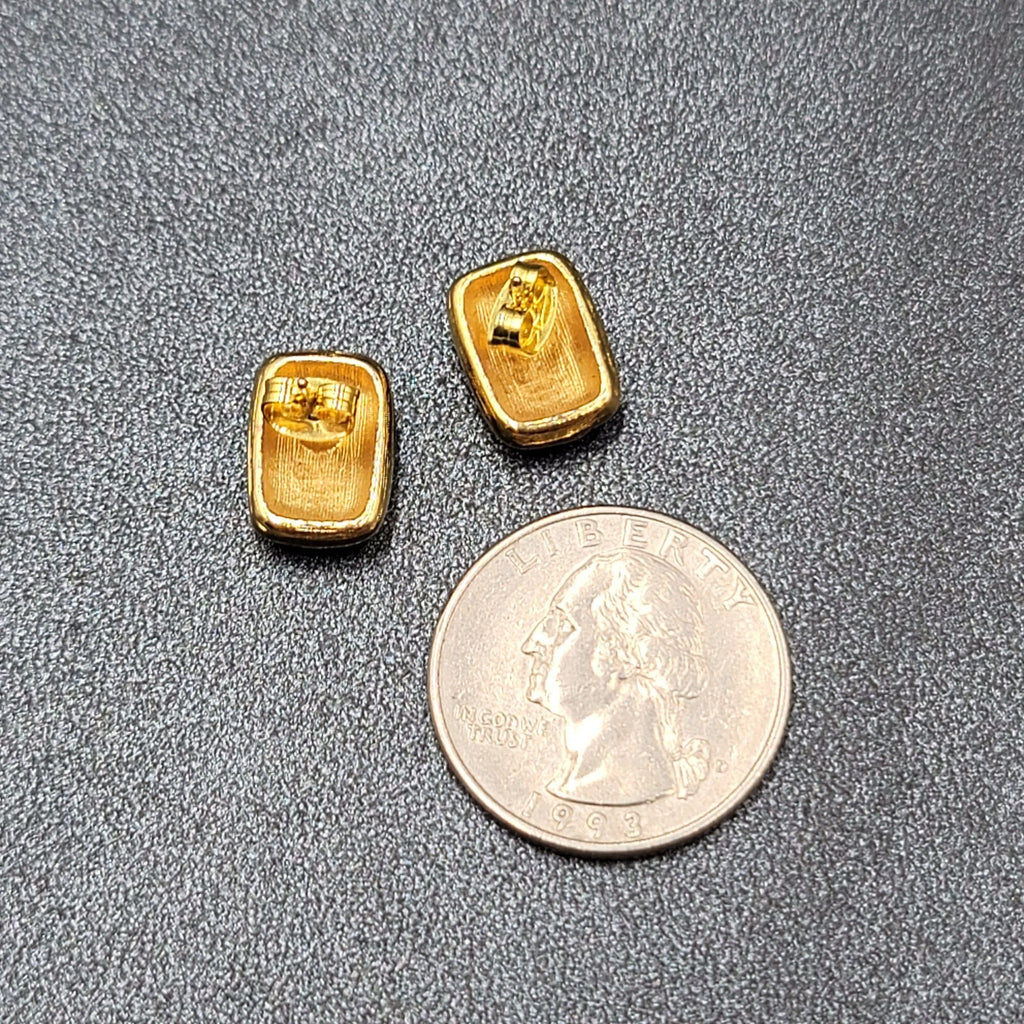 Vintage Pierced Earrings Gold Plated Black Enamel Rectangle Studs 1/2"
