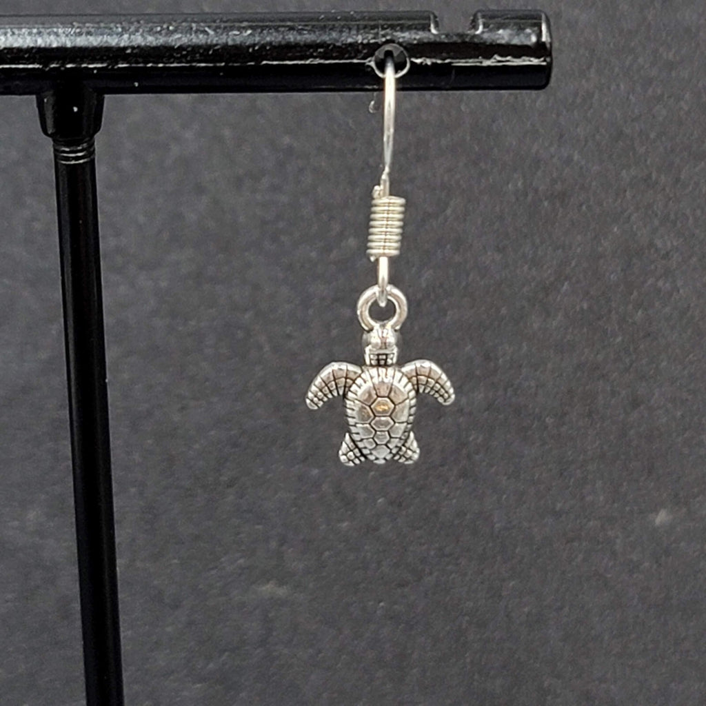 Pierced Earrings Miniature Baby Sea Turtle Dainty Dangle Silver tone  1/2"
