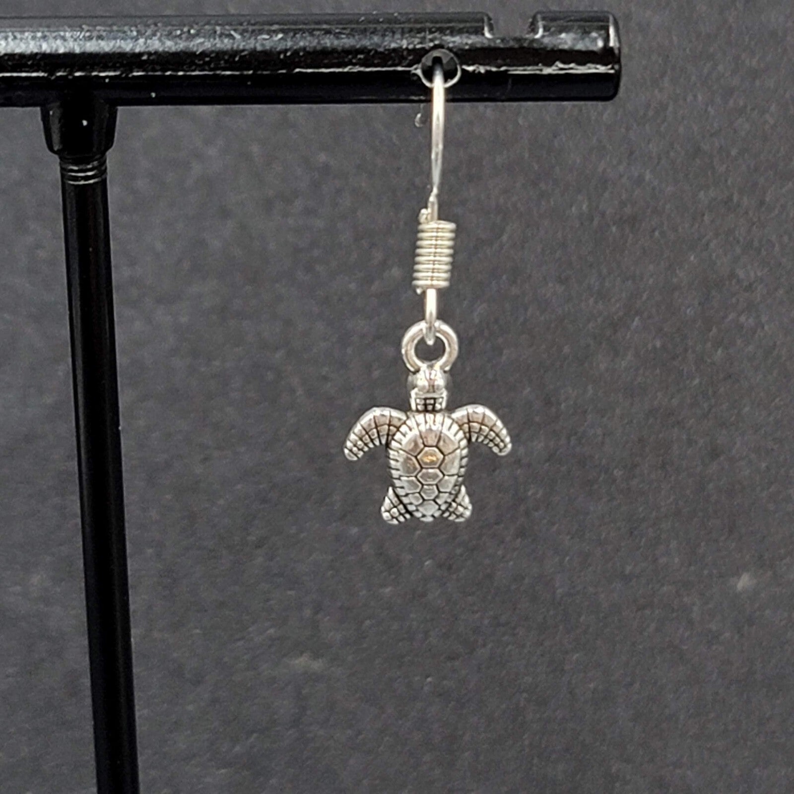 Pierced Earrings Miniature Baby Sea Turtle Dainty Dangle Silver tone  1/2"