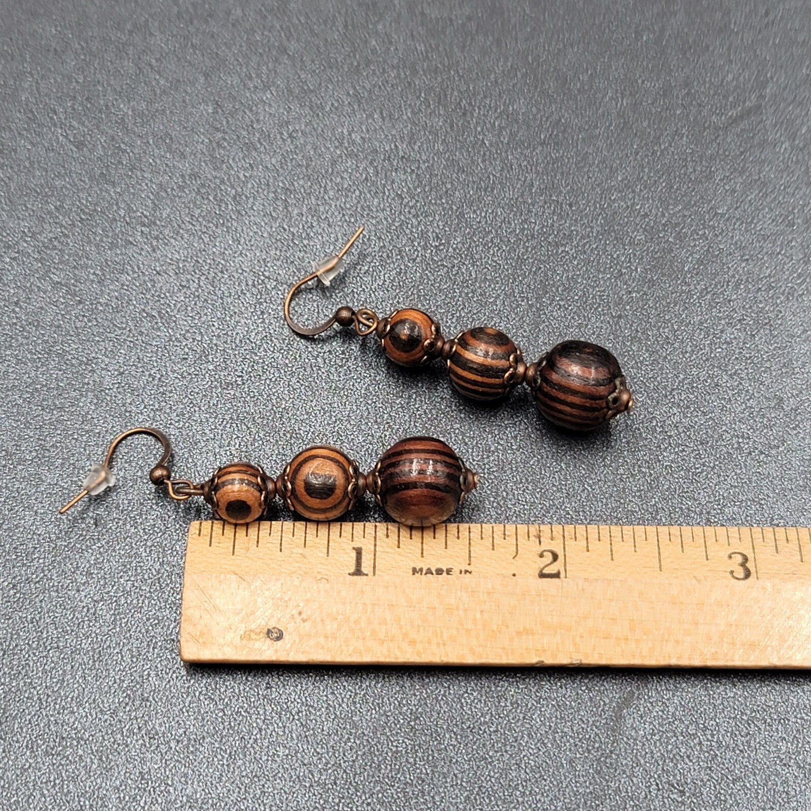 New Boho Pierced Earrings Copper tone Capped Wood Beads Dangle 1.5"