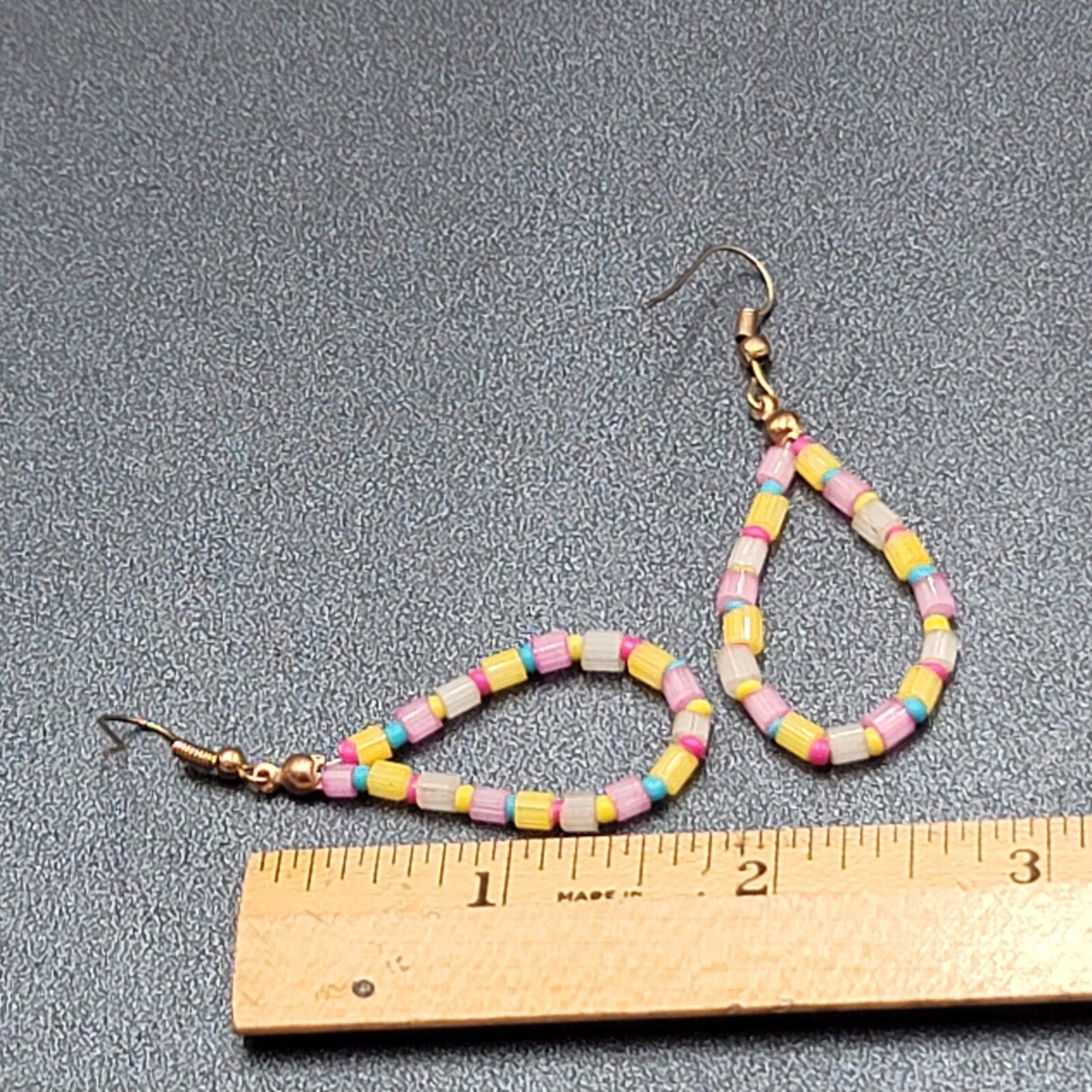 Pierced Earrings Blue Yellow Pink Beaded Teardrop Hoops 1.75"