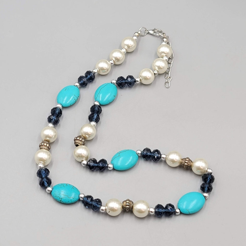 Blue Stone Bead Necklace Blue White Silver tone 18"