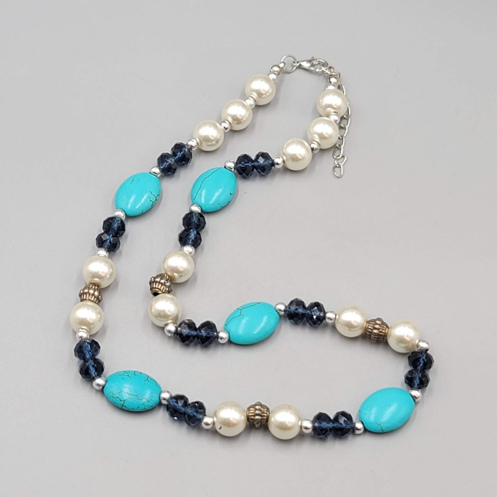 Blue Stone Bead Necklace Blue White Silver tone 18"