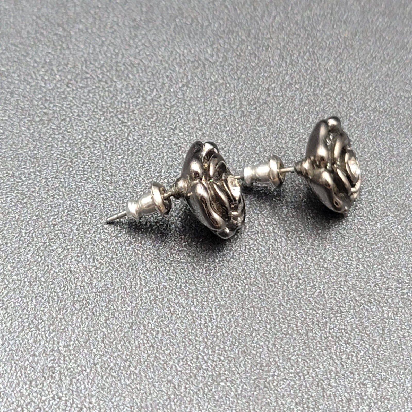 Pierced Earrings Black Metal Rose Flower Studs Crystal Center 1/2"