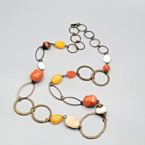 Autumn Fall Bead Necklace Bronze tone Circles Long 32 in