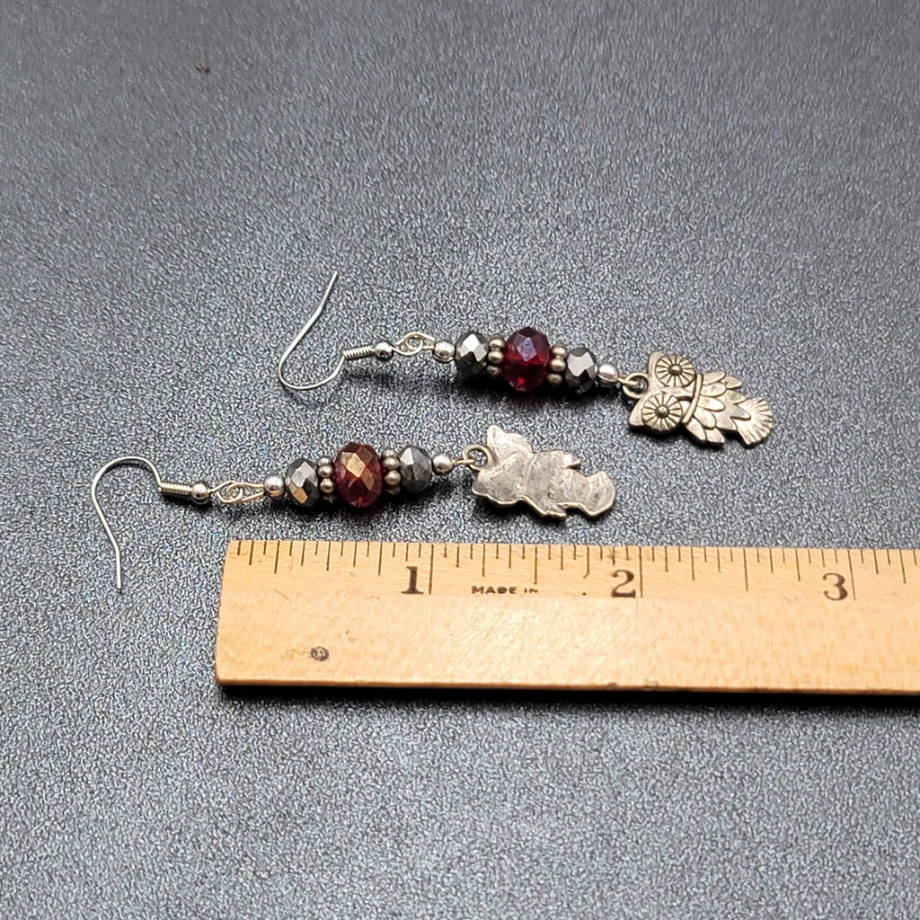 Owl Pierced Earrings Silver tone Red Bead Dangle 2"