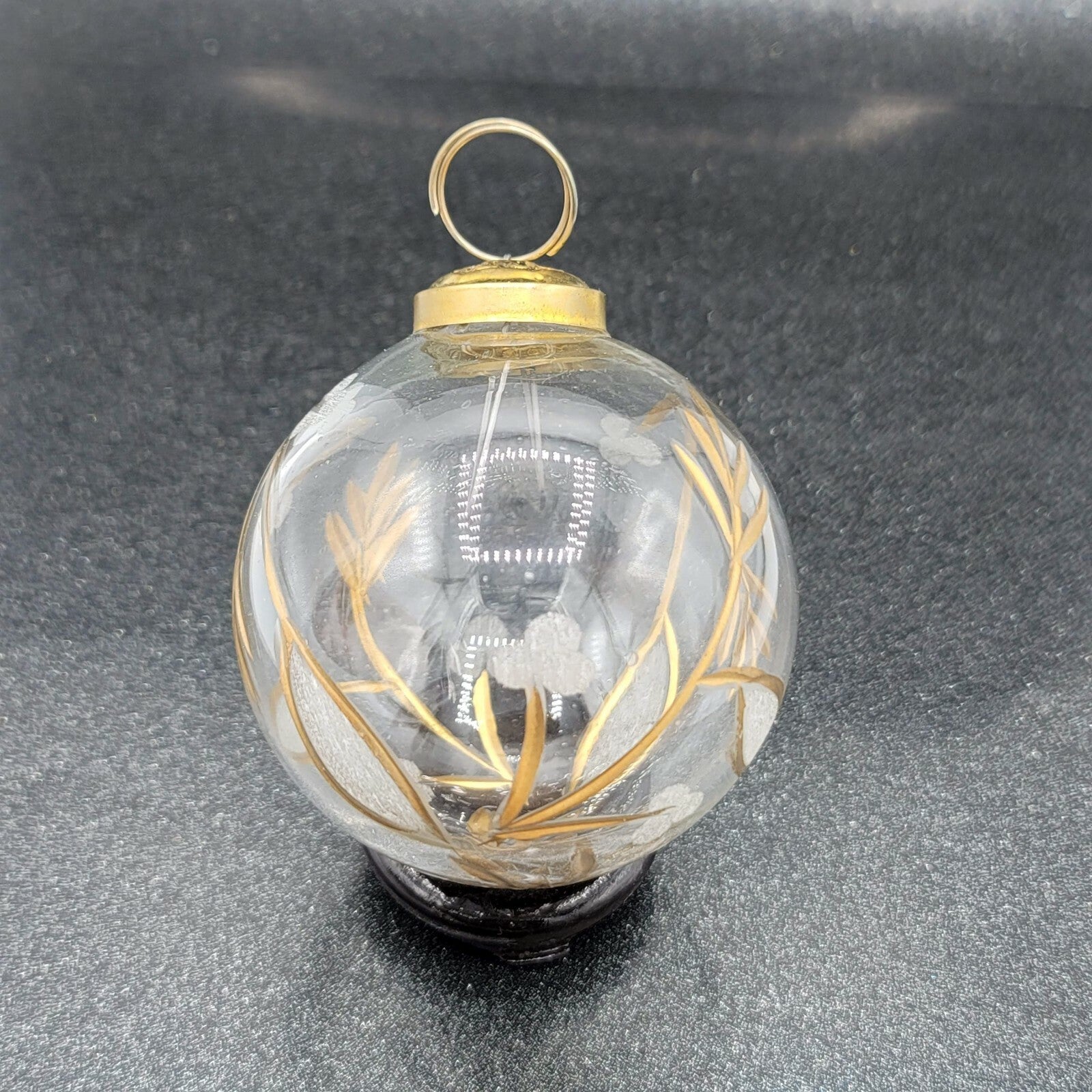 Vintage Kugel Style Etched Design Christmas Ornament 3 in Clear & Gold