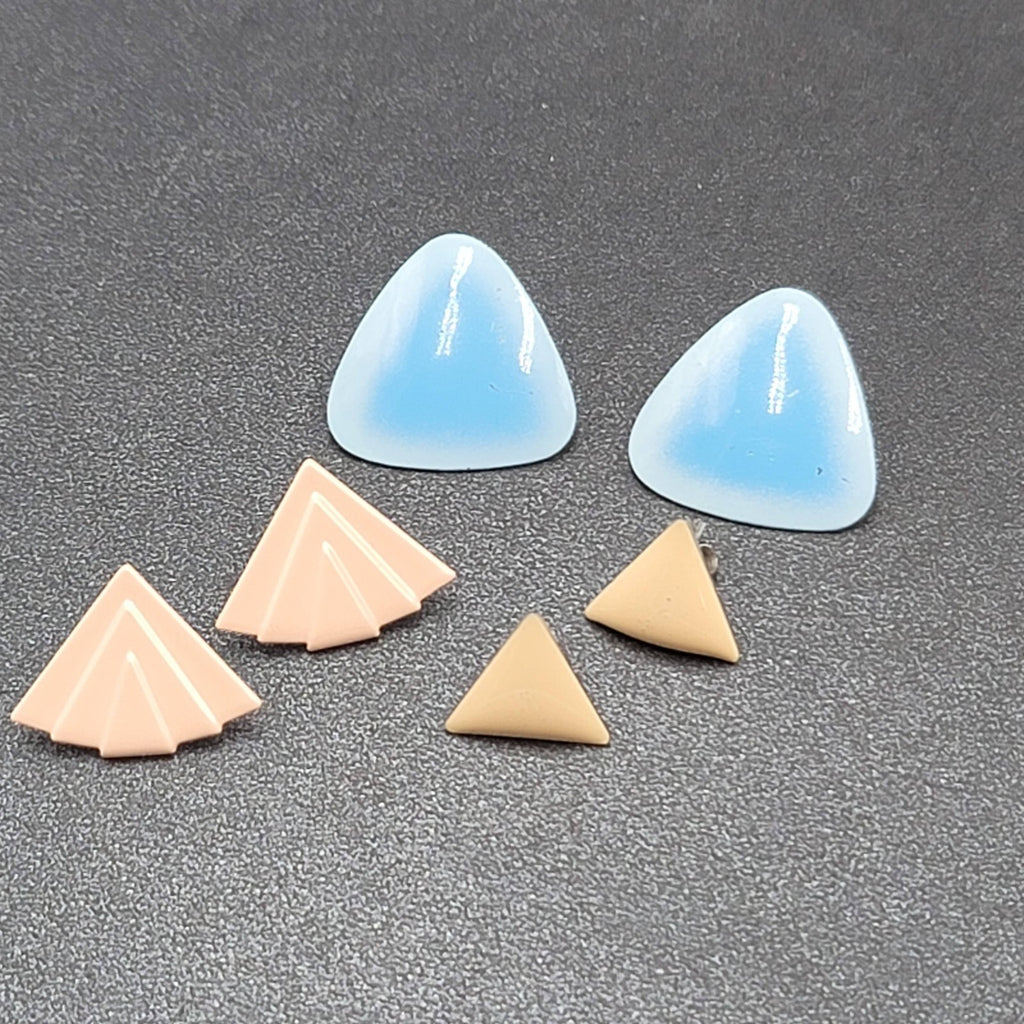 Vintage Pierced Earrings Lot of 3 Enamel 1980s Studs Blue Peach Tan Triangle