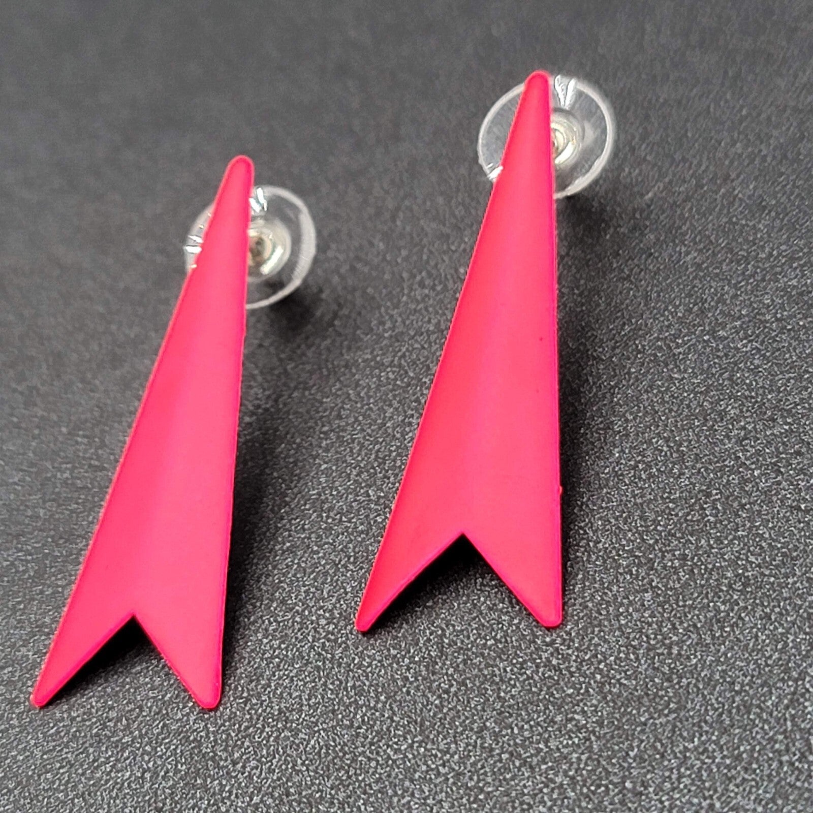 Vintage Pierced Earrings Fluorescent Hot Pink Drop Geometric 80s 1.75"