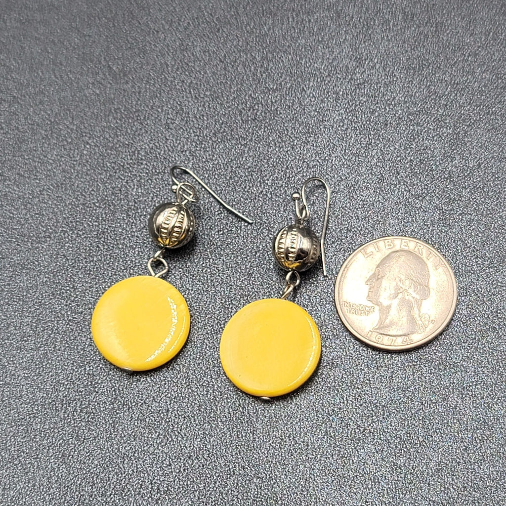 Pierced Earrings Silver tone Yellow Shell Round Bead 1.5"