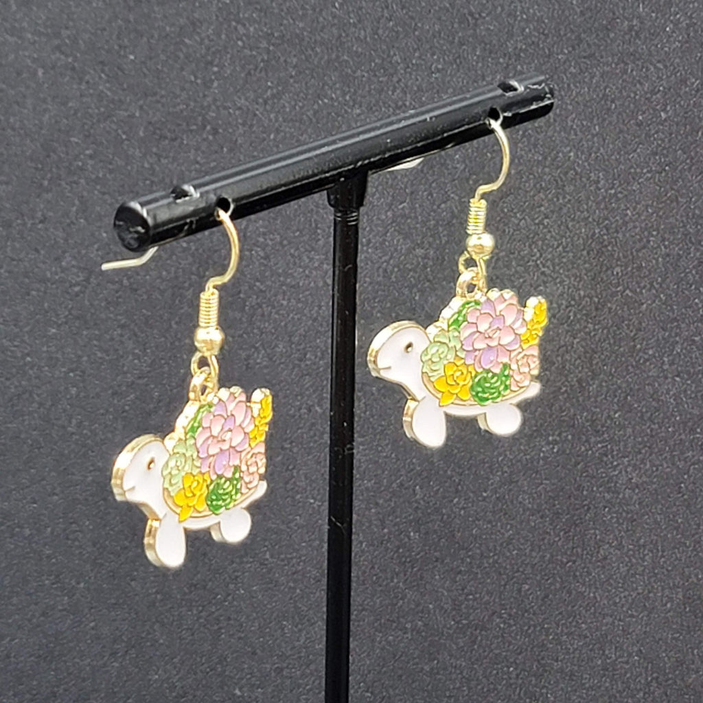 Turtle Pierced Earrings Gold tone Enamel Flowers Dangle 3/4"