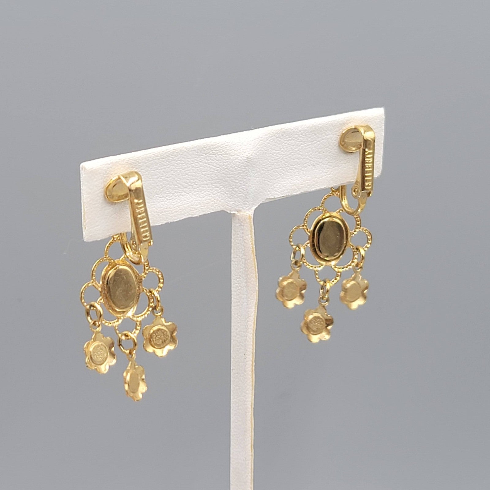 Vtg Celebrity Clip on Earrings Gold tone Dangle Orange Green Yellow Enamel 1.25"