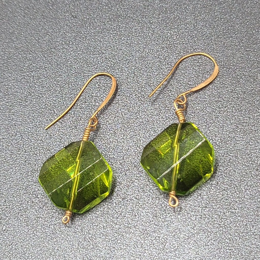 Pierced Earrings Copper tone Green Art Glass Faceted Bead 1.25"