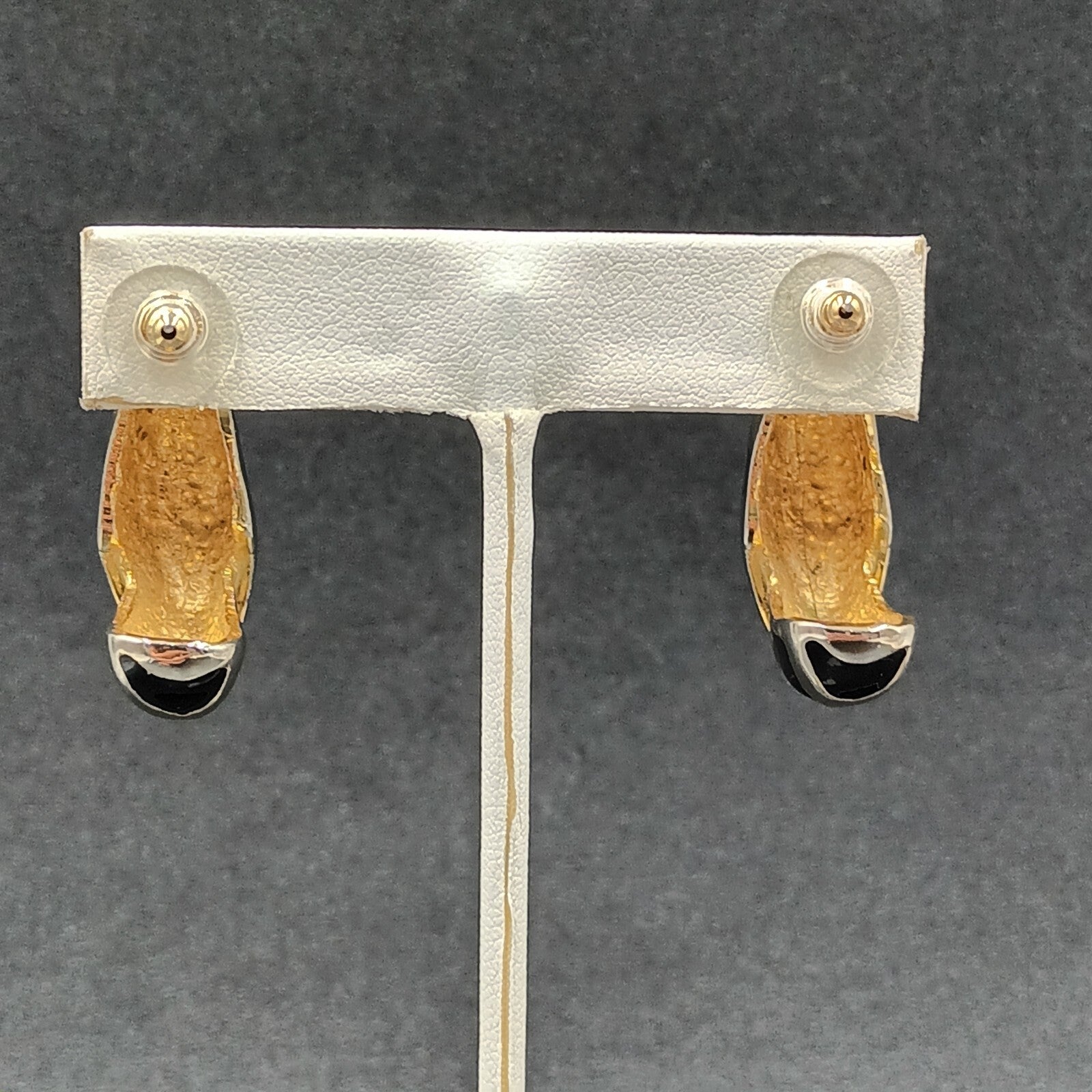 Pierced Earrings Gold tone Black Enamel Oblong Half Hoop Heavy Drop 1 1/4"