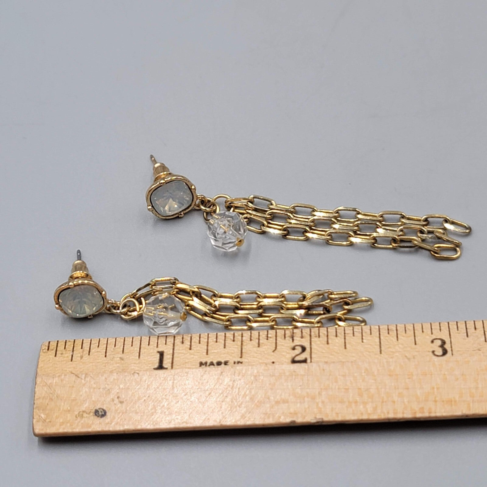 Gold tone Dangle Chains Pierced Earrings Translucent Rhinestone 2.5"