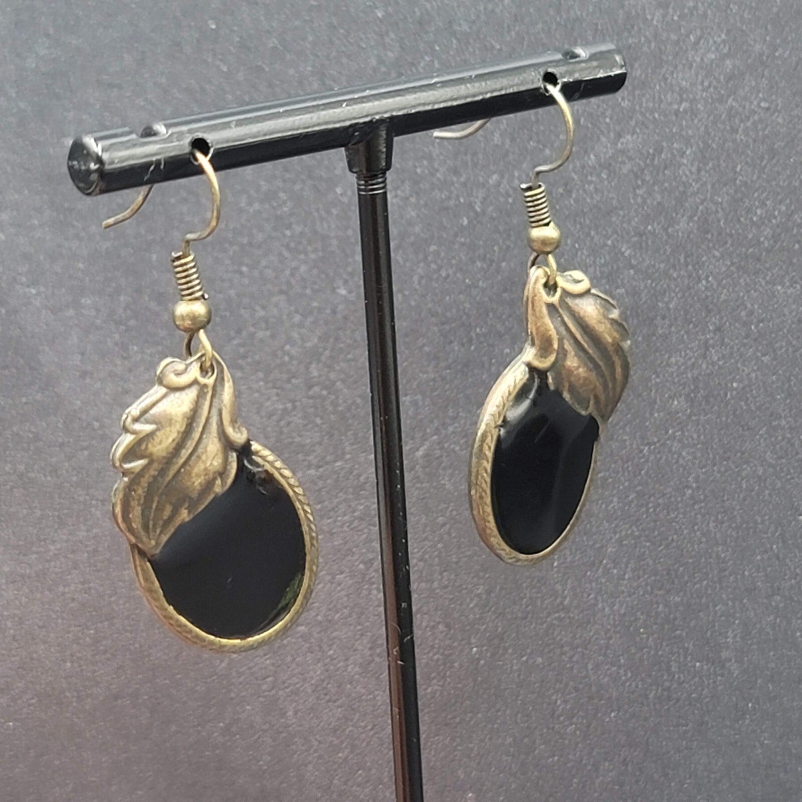 Pierced Earrings Bronze tone Black Enamel Leaf Design 1 1/8"