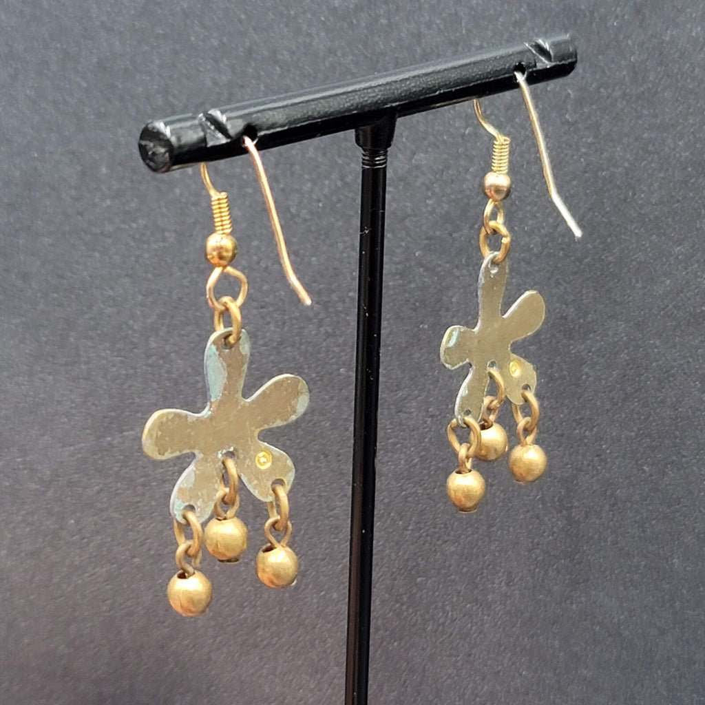 Pierced Earrings Brass Flower Blue Enamel Dangle 1.25"
