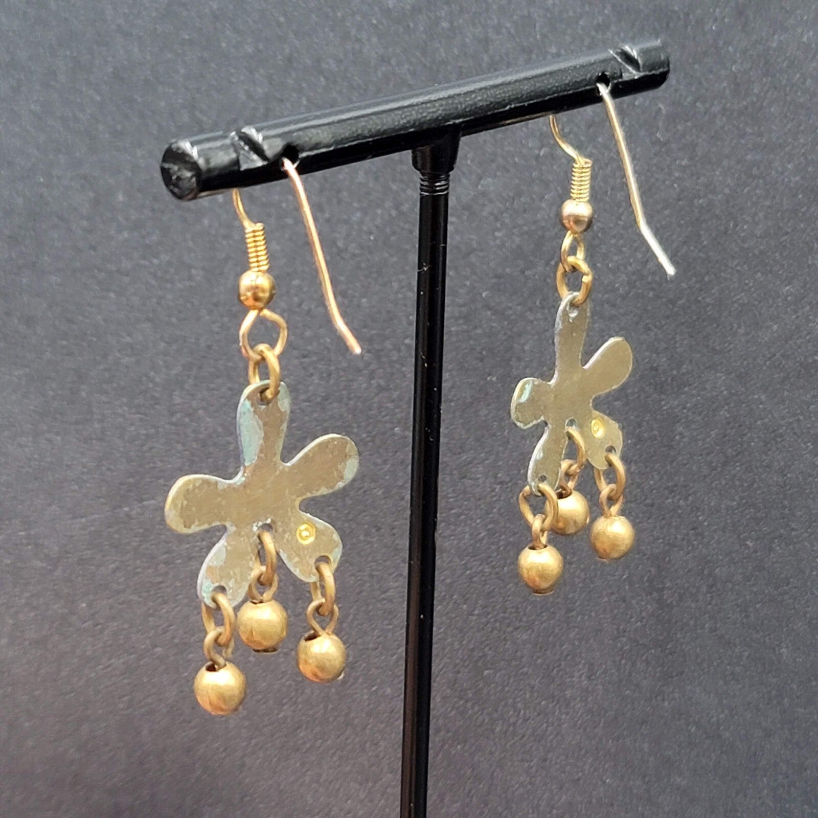 Pierced Earrings Brass Flower Blue Enamel Dangle 1.25"