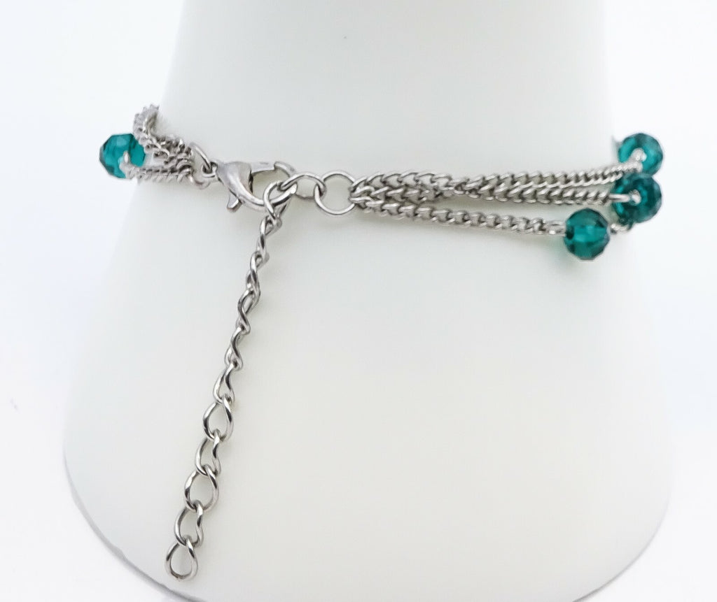Vintage Silver tone Green Crystal Bead Chain Link Bracelet 7" - 8 .5"