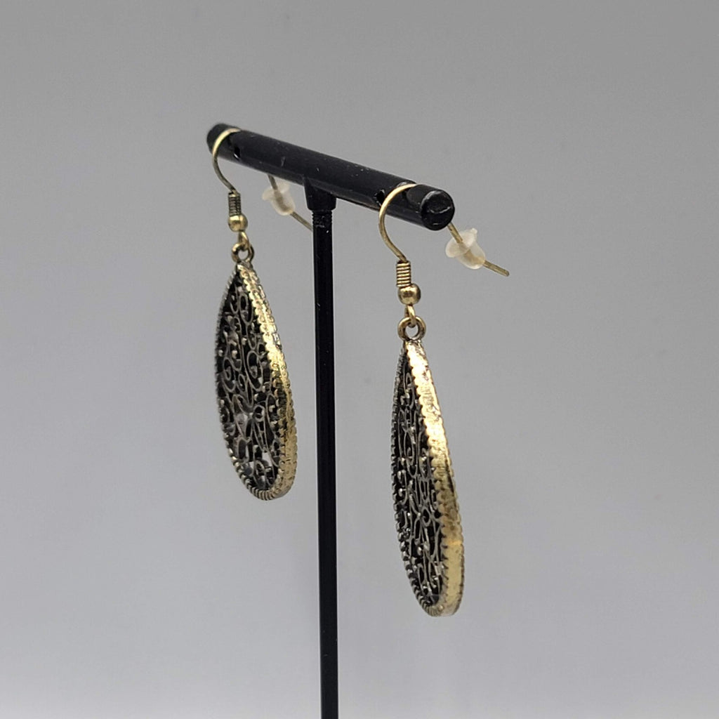 Pierced Earrings Bronze tone Filigree Teardrop Dangle 1.5"