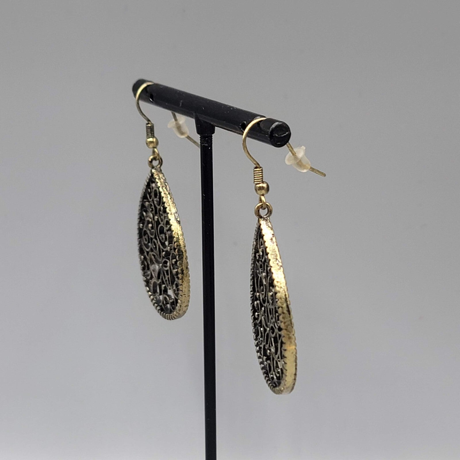 Pierced Earrings Bronze tone Filigree Teardrop Dangle 1.5"
