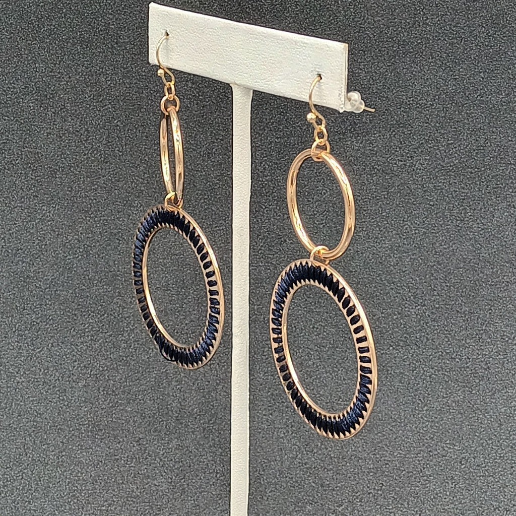 Pierced Earrings Gold tone Dangle Hoops Blue String Accents 2.75"