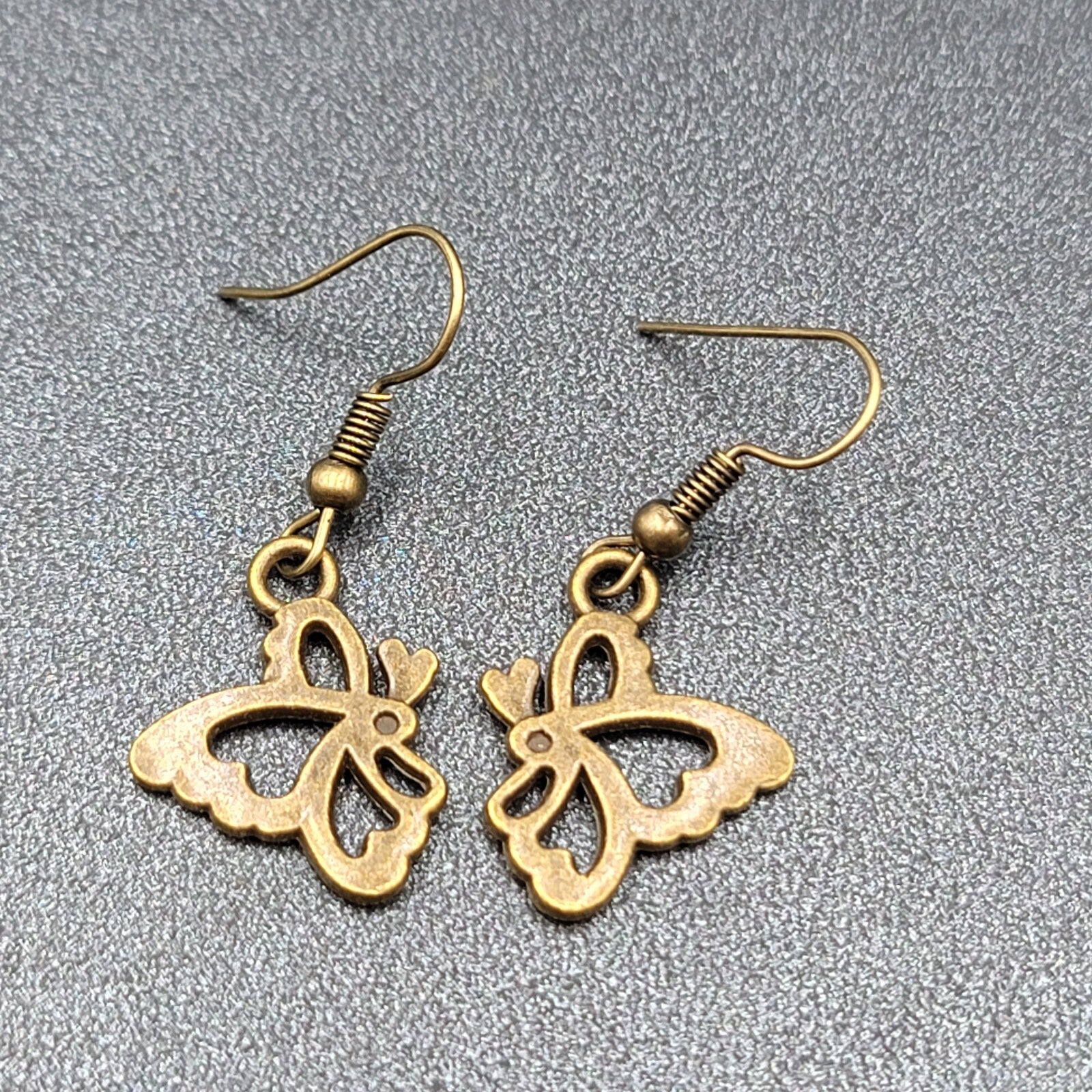 New Butterfly Pierced Earrings Bronze tone Side View Dangle 3/4"