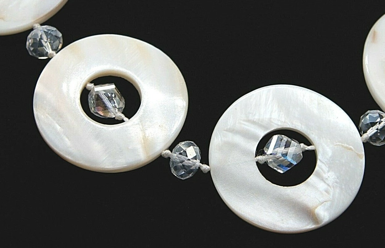 Mother of Pearl Necklace Circle Bead Hand Knotted Crystal Silver tone 21" - 23"
