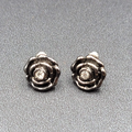 Pierced Earrings Black Metal Rose Flower Studs Crystal Center 1/2"