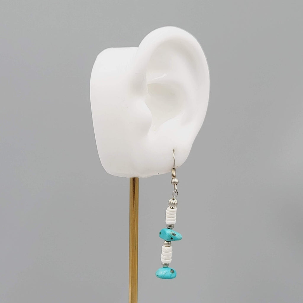 Sterling Silver Pierced Earrings Turquoise Nugget Bead Shell Heishi  1.5" 925