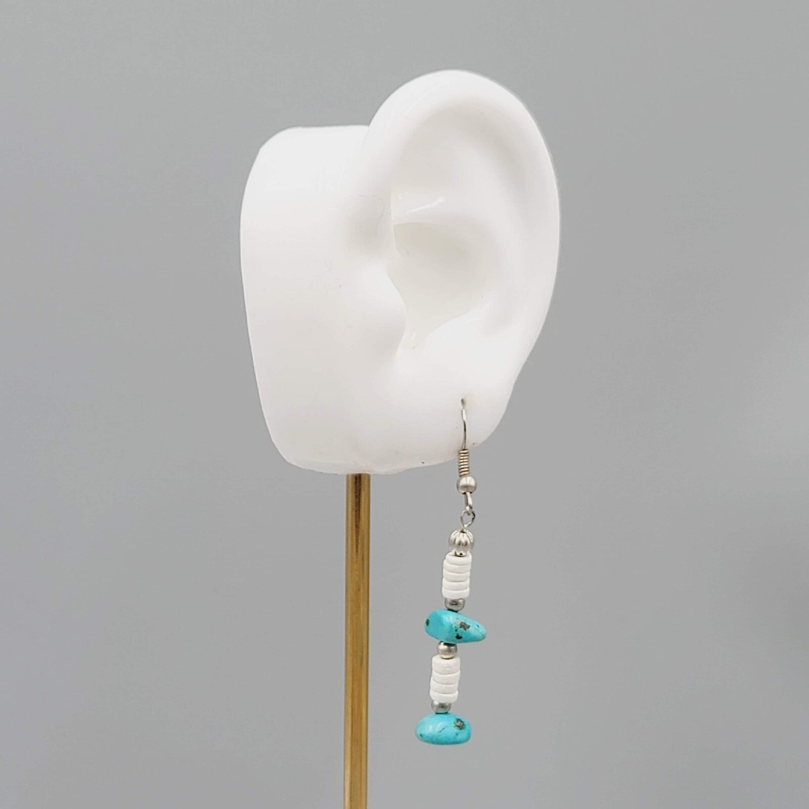 Sterling Silver Pierced Earrings Turquoise Nugget Bead Shell Heishi  1.5" 925