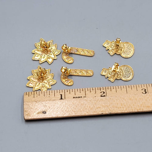 Christmas Pierced Earrings Gold tone Drop Poinsettia Snowman Candy cane Lot of 3