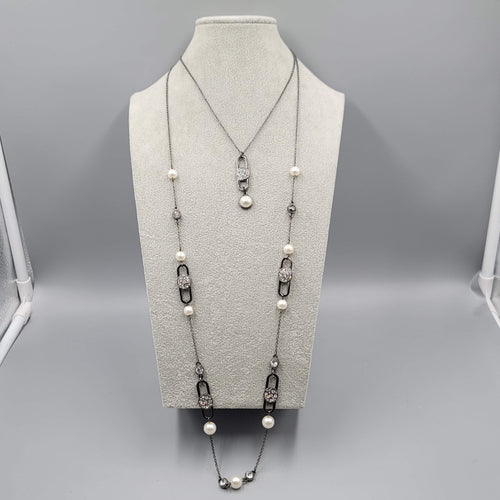 Black Metal Faux Pearl Rhinestone Necklace Convertible Removable Layer 18" & 36"