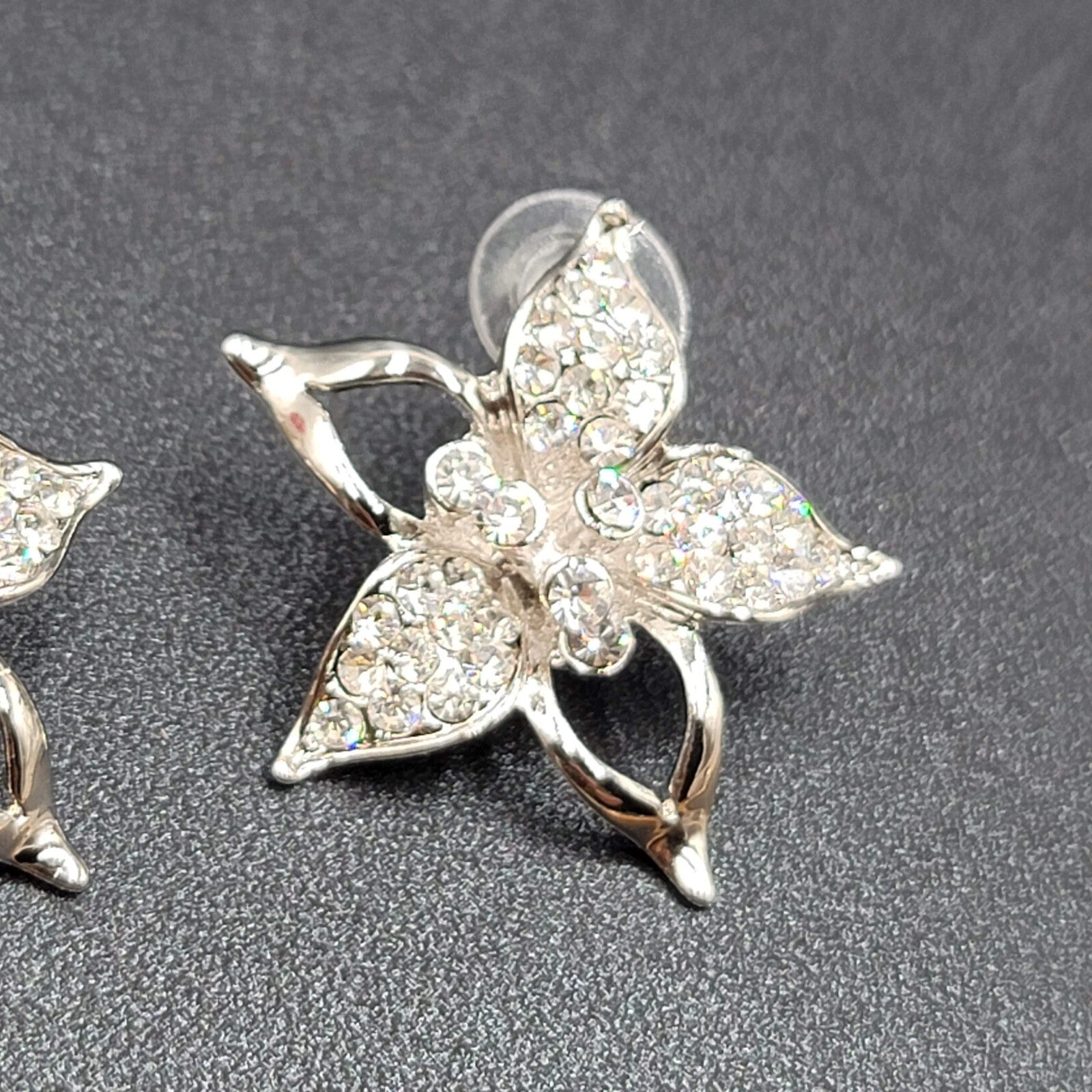 Pierced Earrings Silver Plated Crystal Rhinestone Drop Flower Signed 1 3/8"