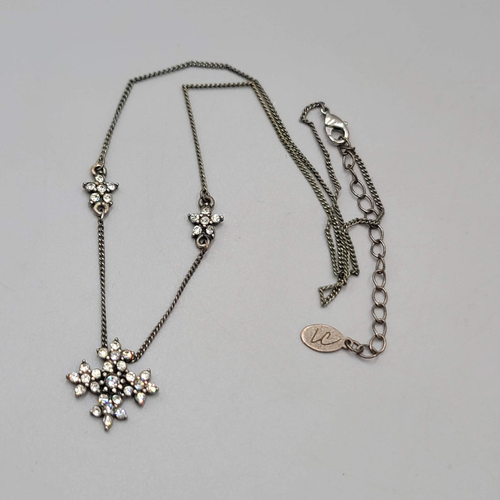 Crystal Flower Snowflake Necklace Silver tone Dainty 16"+