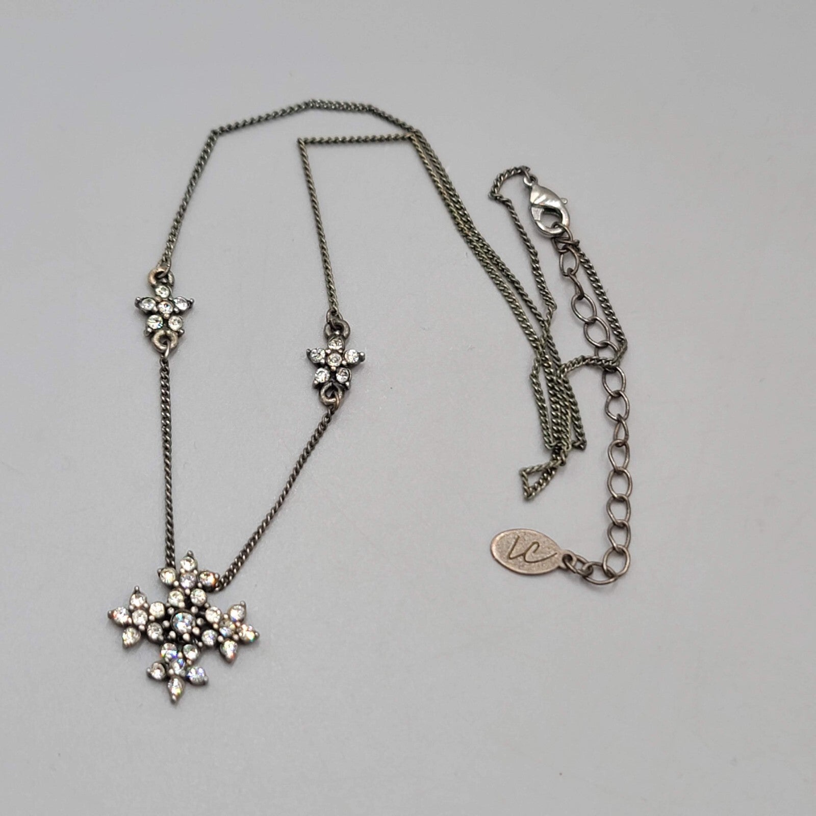 Crystal Flower Snowflake Necklace Silver tone Dainty 16"+