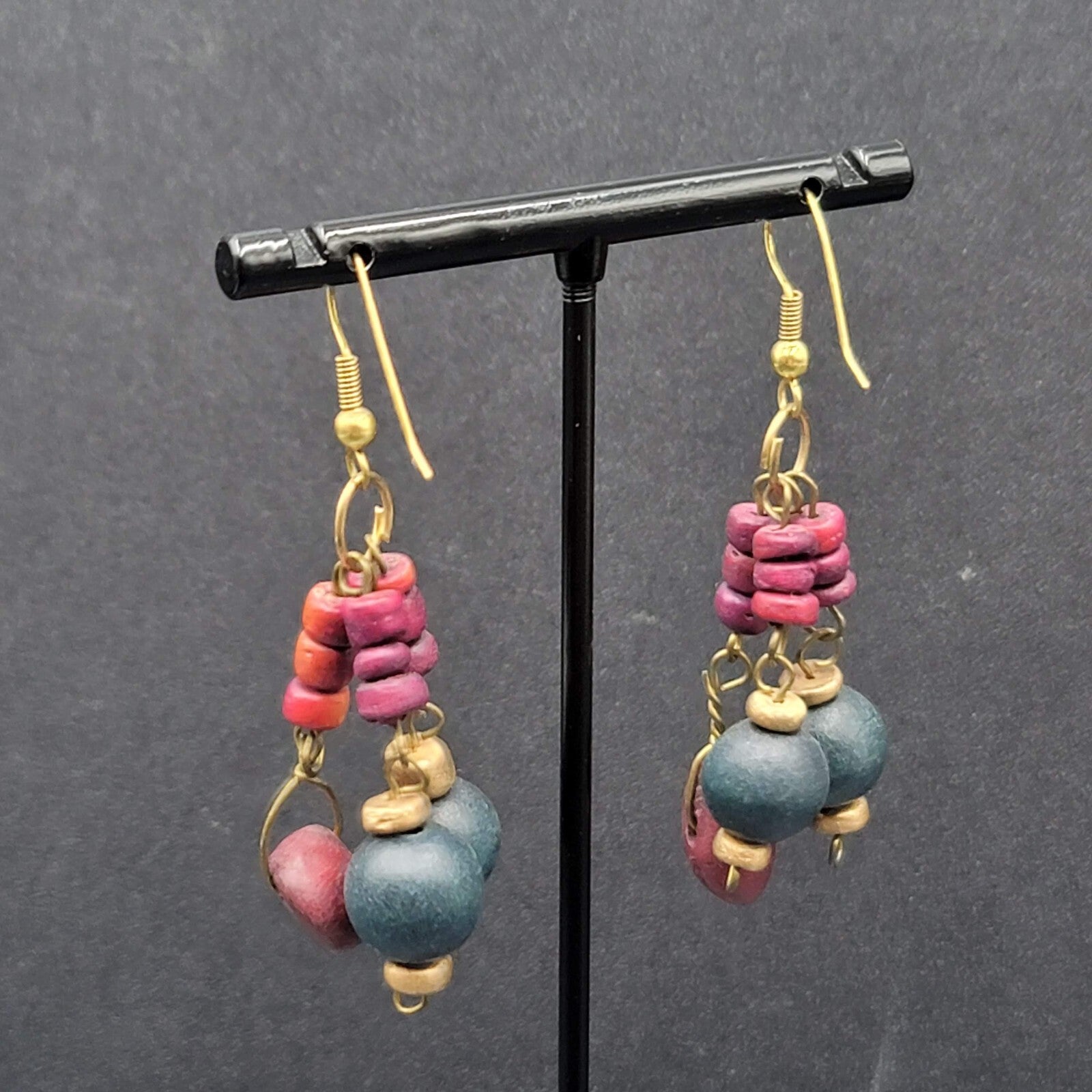 Vintage Pierced Earrings Purple Blue Wood Beads Dangle Boho 1.75"