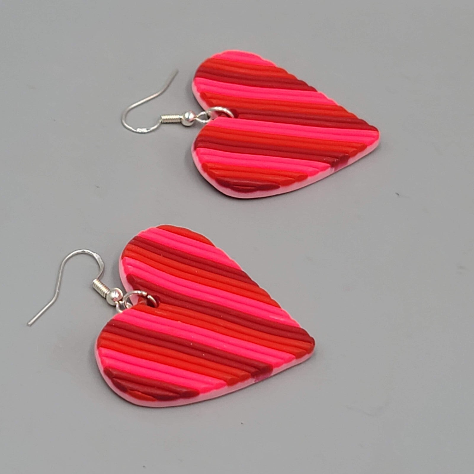 Large Heart Stripes Pierced Earrings Reds Polymer Clay 1.5"