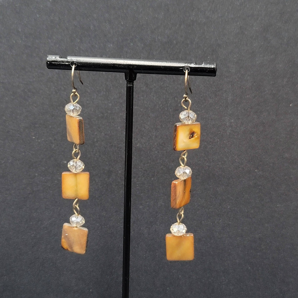 Pierced Earrings Brown Square Seashell Beads Dangle 2 3/8"
