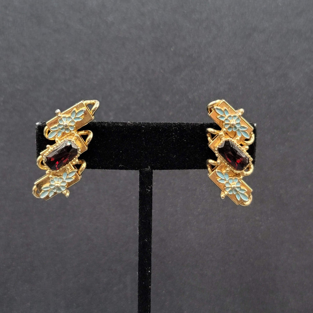 Vintage Clip on Earrings Gold tone Blue Enamel Red Rhinestone Climber 1 3/8"