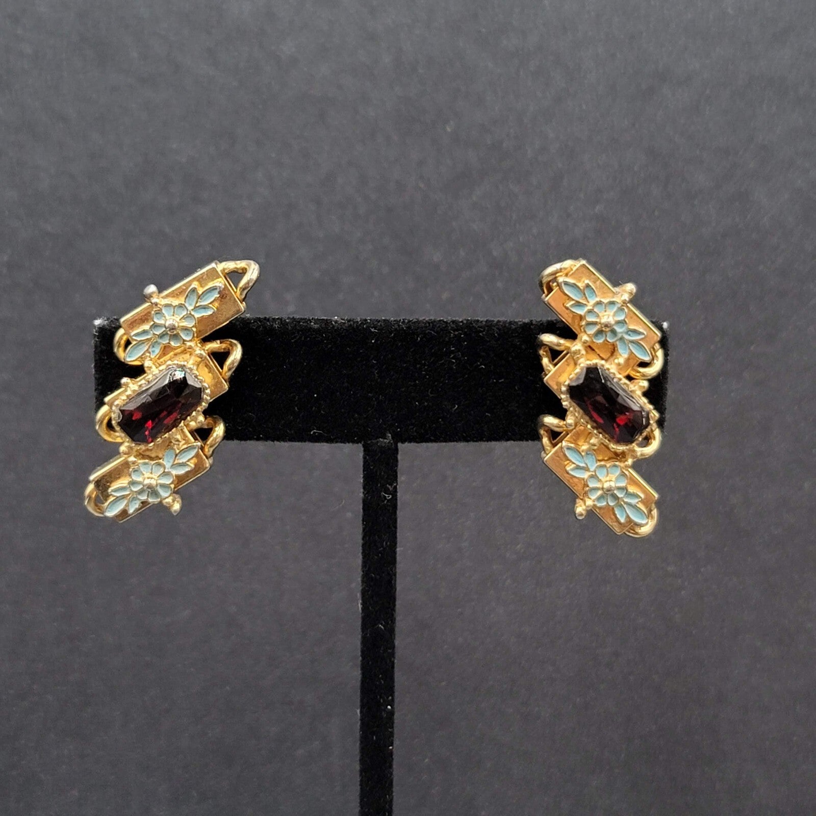 Vintage Clip on Earrings Gold tone Blue Enamel Red Rhinestone Climber 1 3/8"