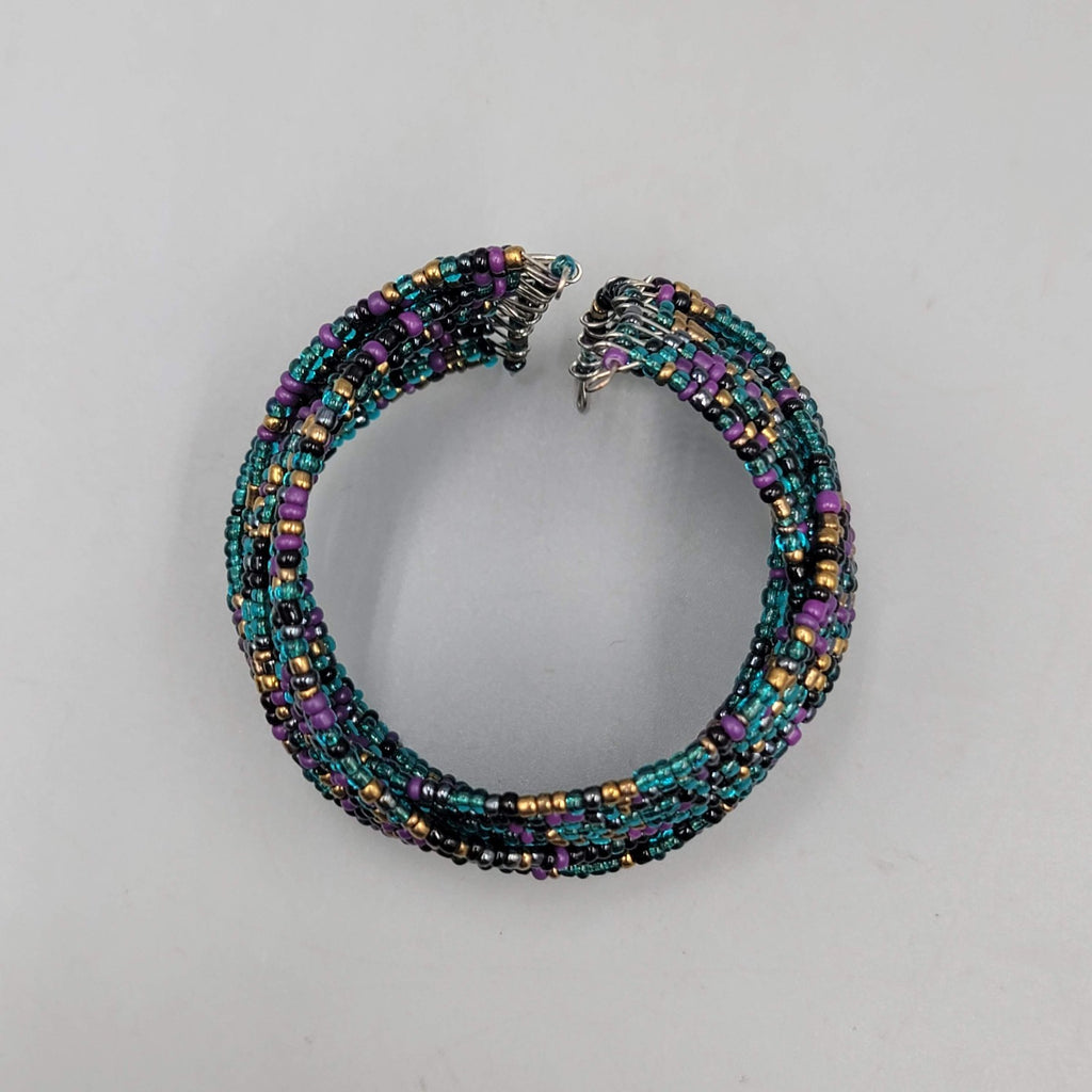 Vintage Cuff Bracelet Blue Purple Gold Seed Bead Woven