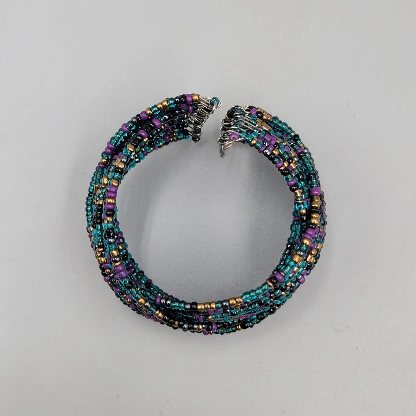 Vintage Cuff Bracelet Blue Purple Gold Seed Bead Woven