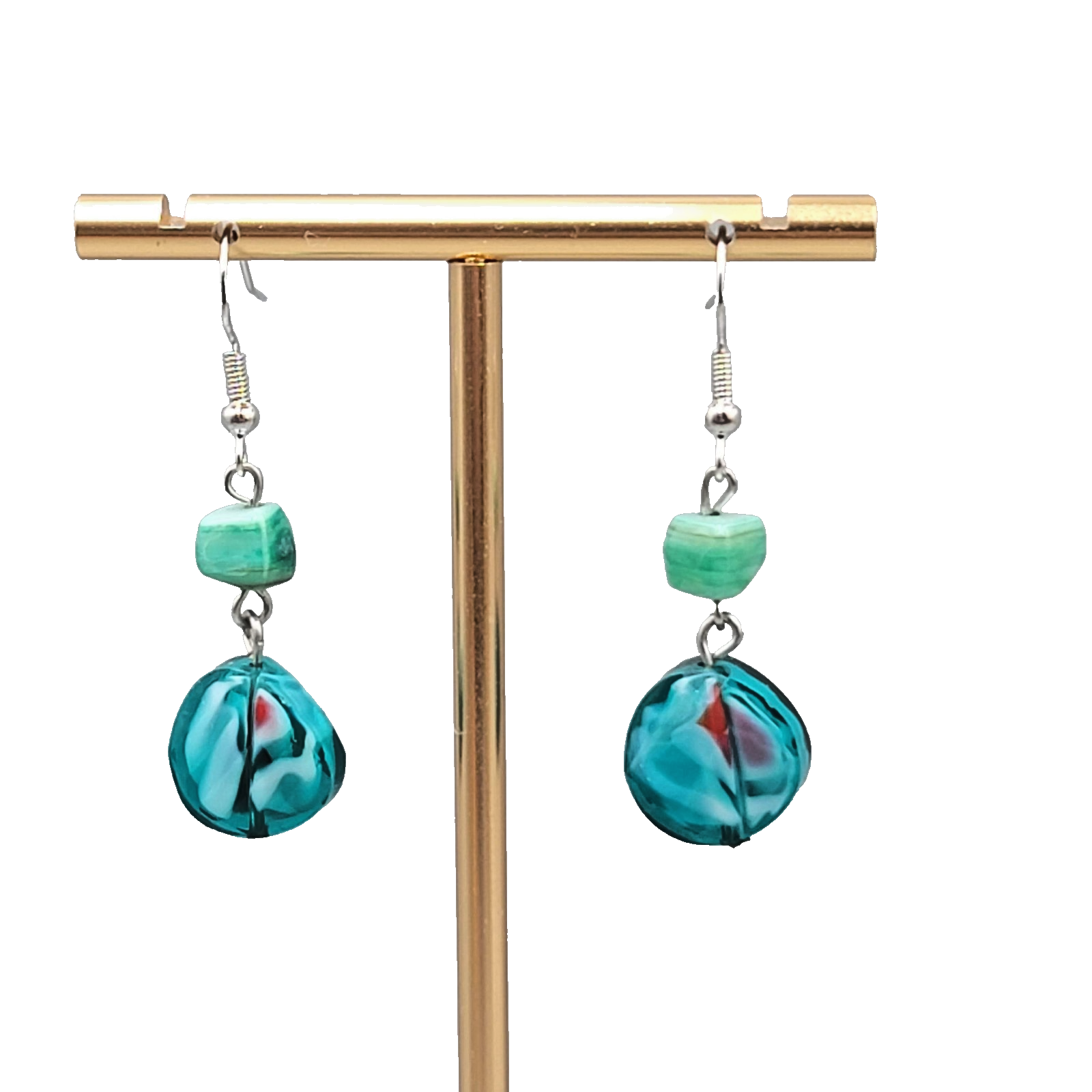 Blue and Green Art Glass Beads Pierced Earrings Silver tone Dangle 1.25 in