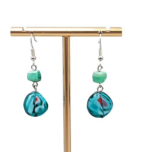 Blue and Green Art Glass Beads Pierced Earrings Silver tone Dangle 1.25 in