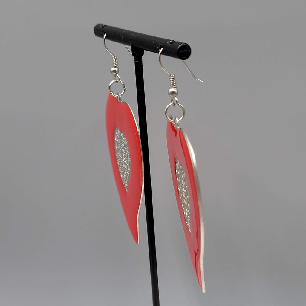 Large Statement Pierced Earrings Red Enamel Silver tone Filigree Dangle 2.25"