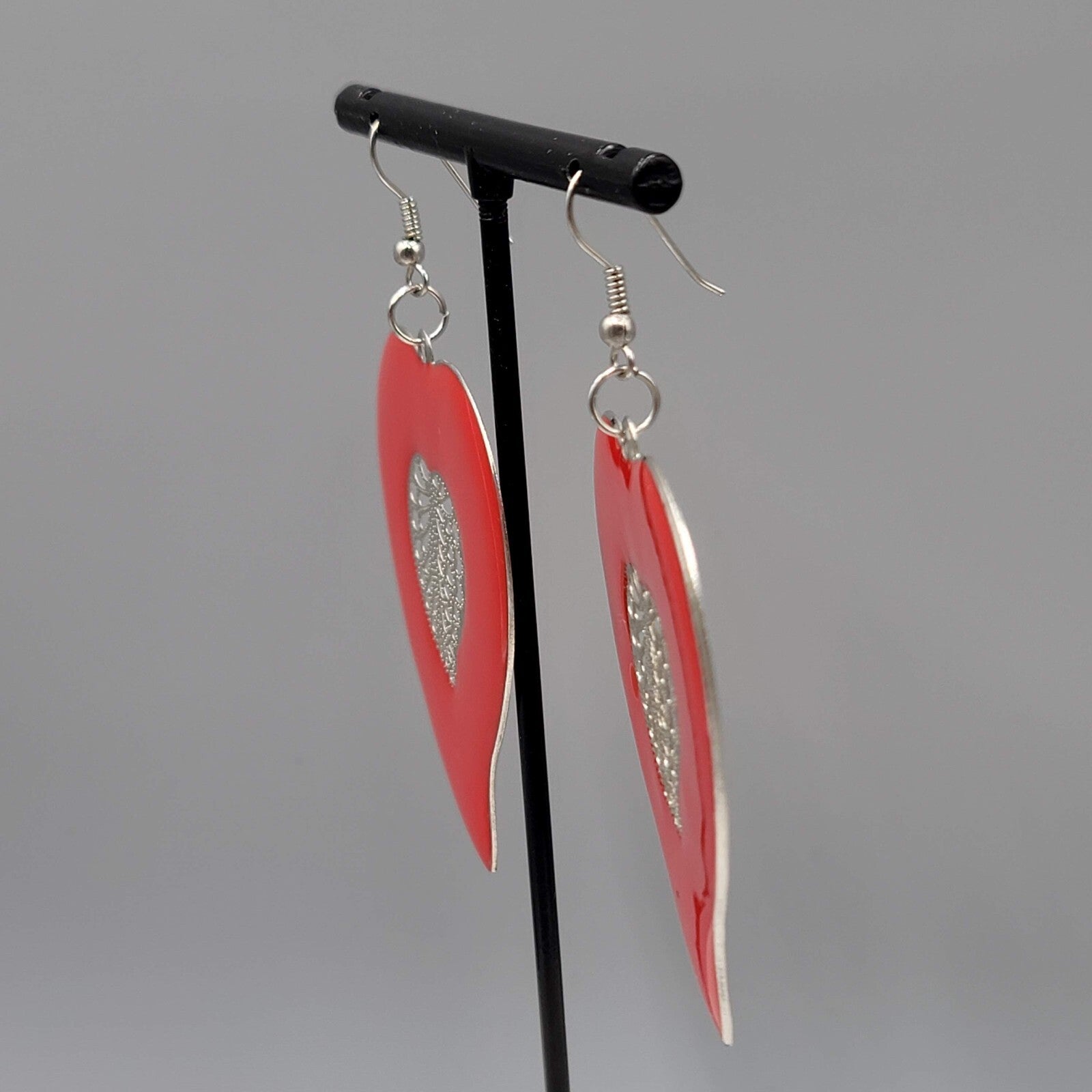 Large Statement Pierced Earrings Red Enamel Silver tone Filigree Dangle 2.25"