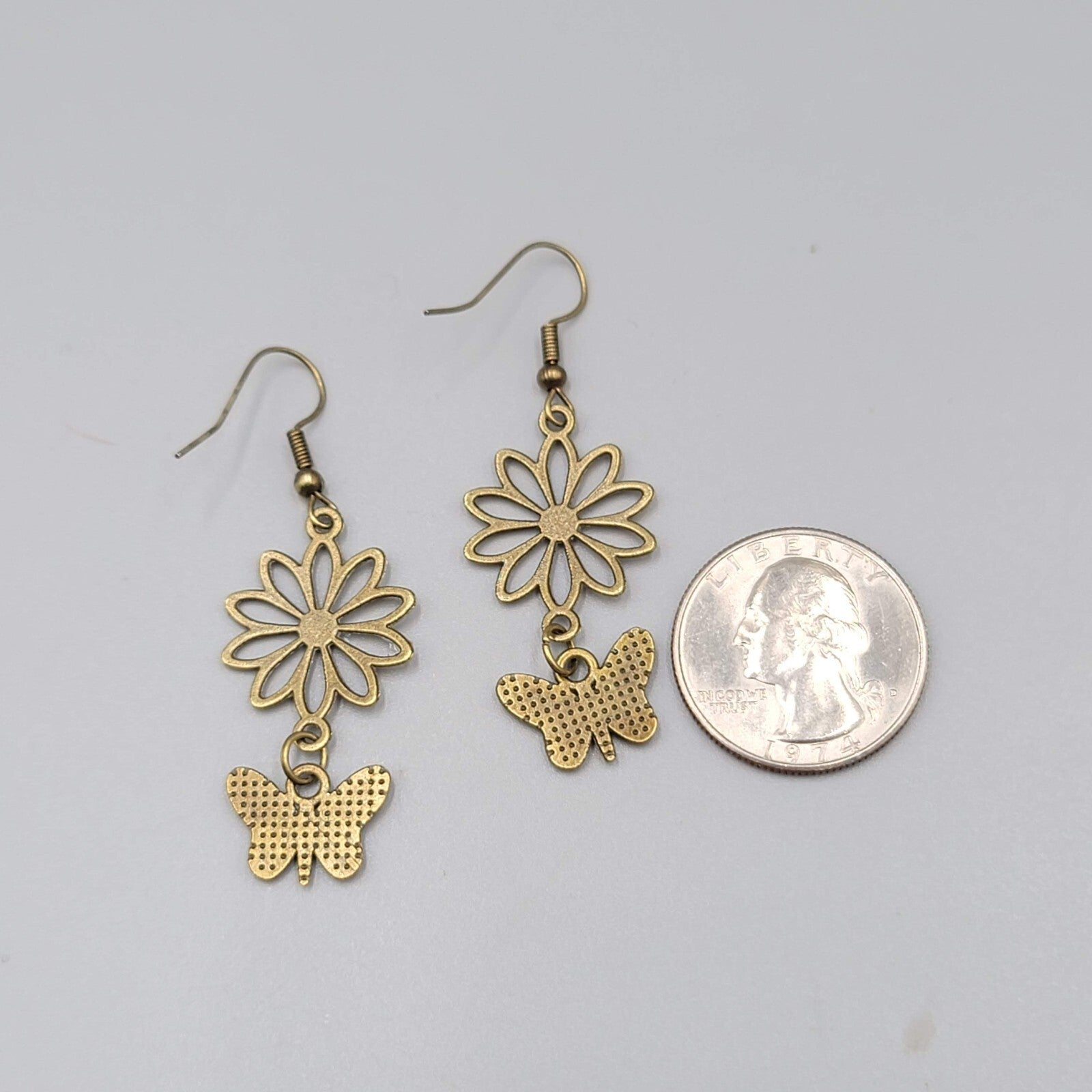 Butterly Flower Pierced Earrings Bronze tone Dangle NEW 1.5"