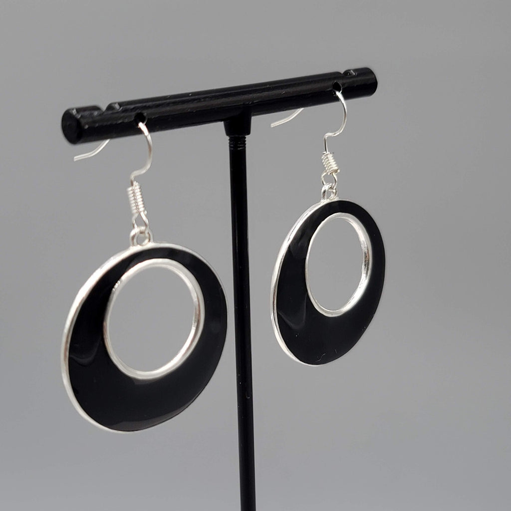 Open Circle Pierced Earrings Silver tone Black Enamel Dangle 1.25"