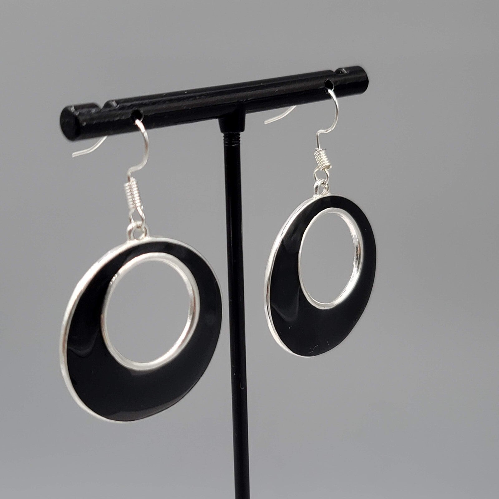 Open Circle Pierced Earrings Silver tone Black Enamel Dangle 1.25"
